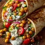 Chickpea and feta wrap with assorted veggies and yogurt sauce on a plate.