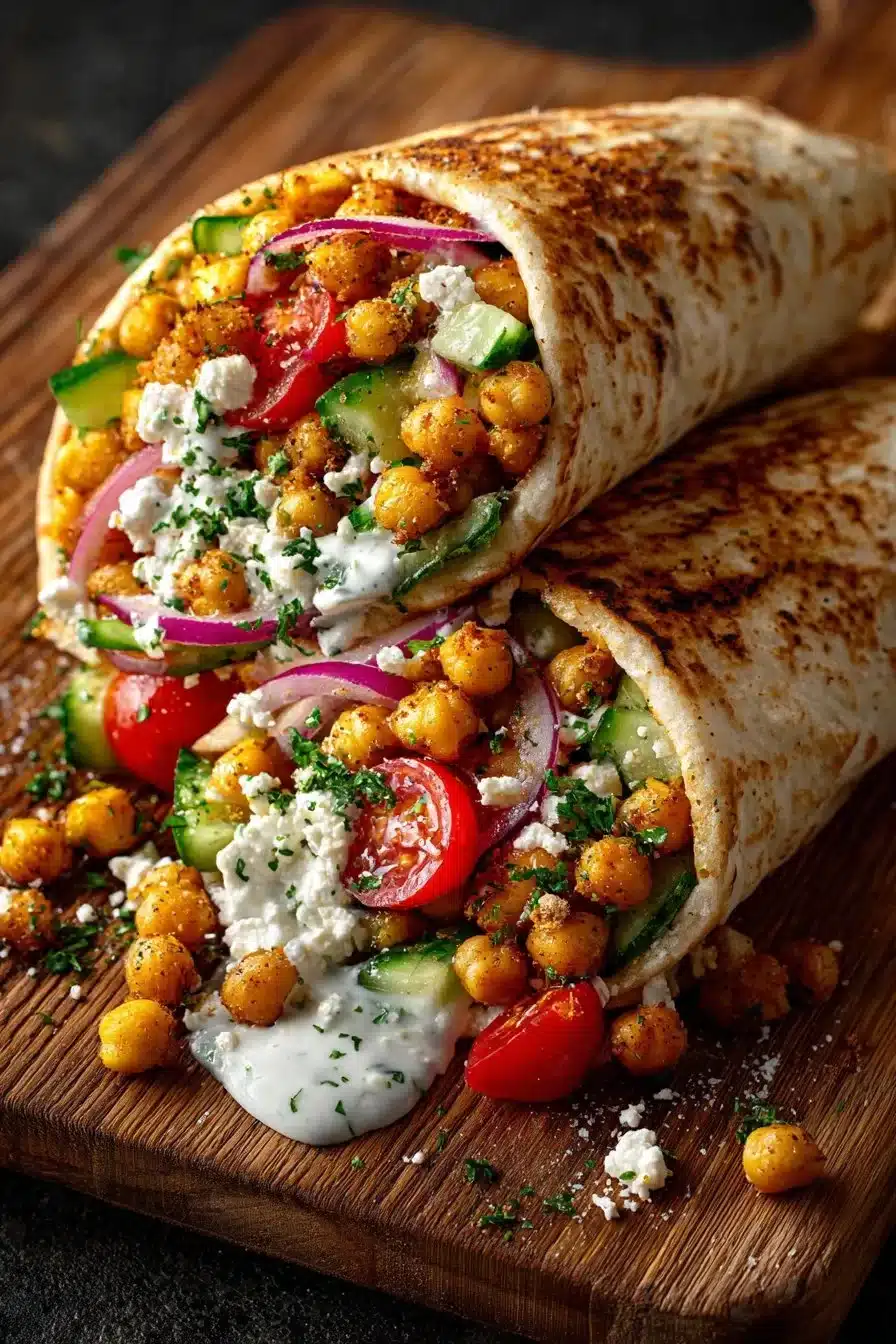 Chickpea and feta wrap with assorted veggies and yogurt sauce on a plate.