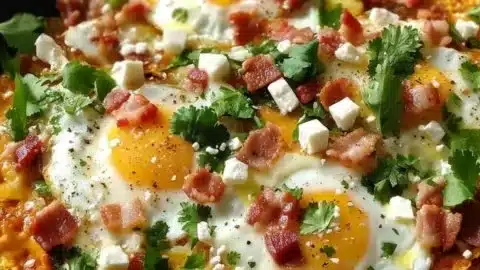 Delicious chilaquiles topped with bacon, eggs, and cheese for a comforting meal.