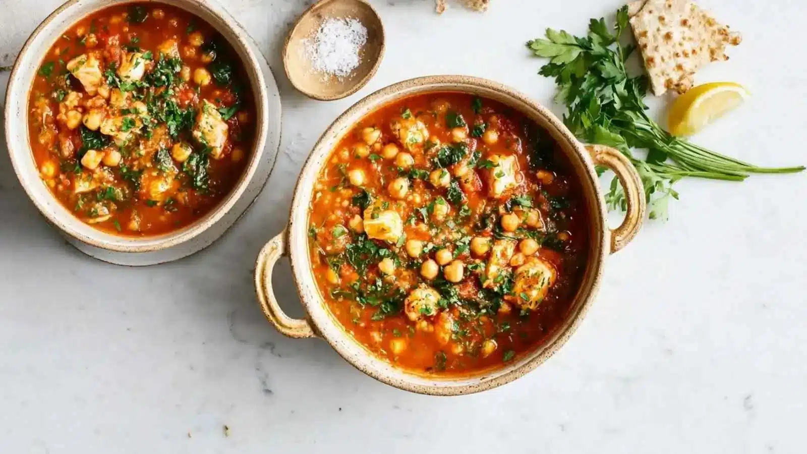 Bowl of homemade Cod Chickpea Stew garnished with herbs