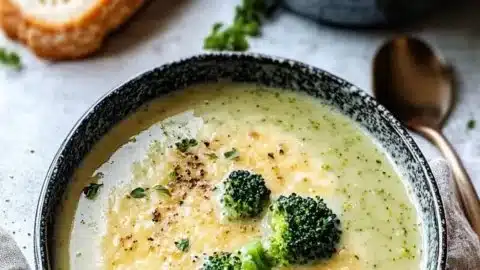 Bowl of creamy broccoli cheese soup garnished with fresh herbs and bread