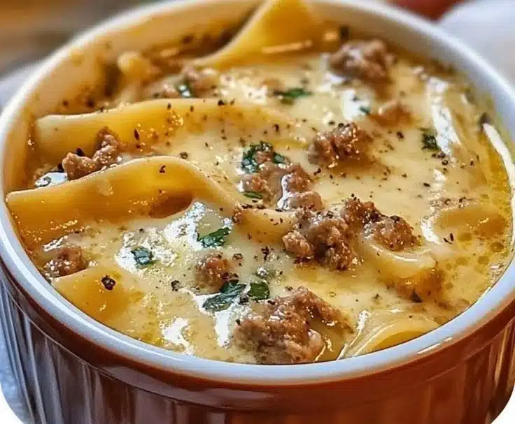 Bowl of creamy Alfredo lasagna soup garnished with herbs and cheese