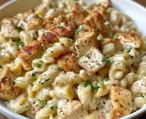 Creamy Cajun chicken pasta served with vegetables and herbs