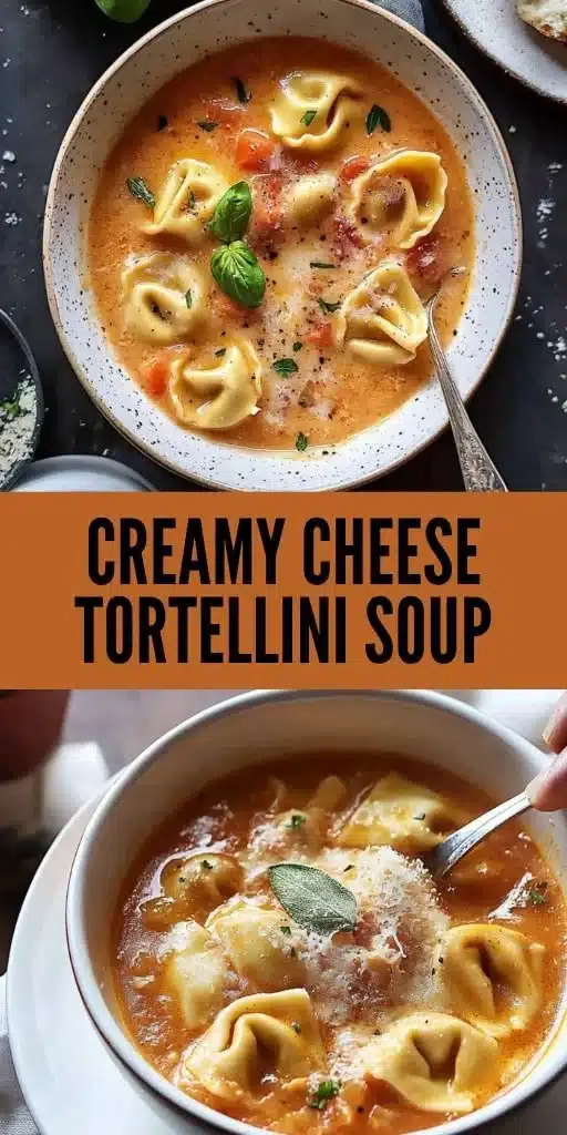 Bowl of creamy cheese tortellini soup garnished with herbs and spices