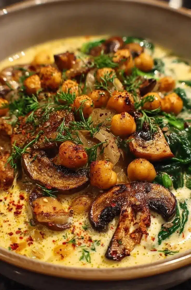 Bowl of creamy chickpea mushroom stew garnished with herbs