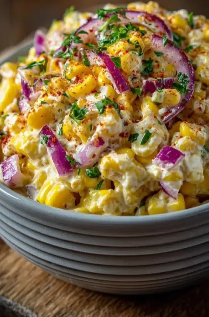 Creamy corn salad served in a bowl, garnished with herbs.