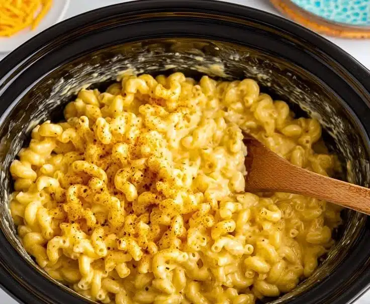 Creamy Crockpot Mac and Cheese served in a bowl with garnishes