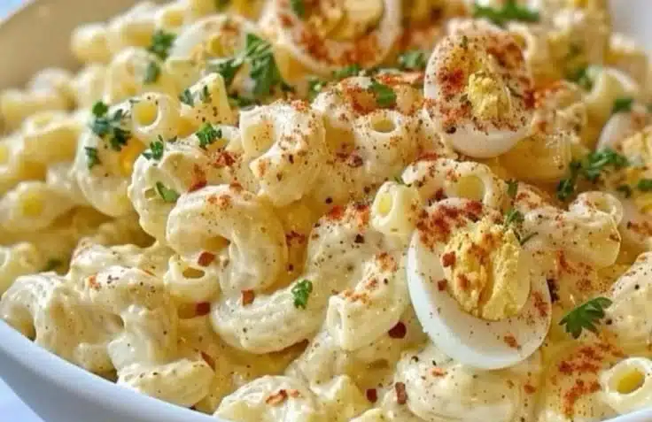 Creamy deviled egg macaroni salad served in a bowl with fresh herbs.