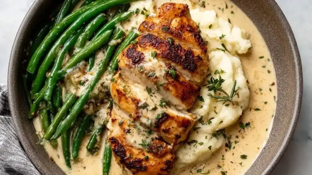 Creamy Garlic Parmesan Chicken Breast served with herbs and garlic sauce