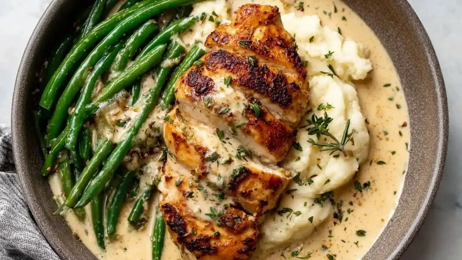 Creamy Garlic Parmesan Chicken Breast served with herbs and garlic sauce