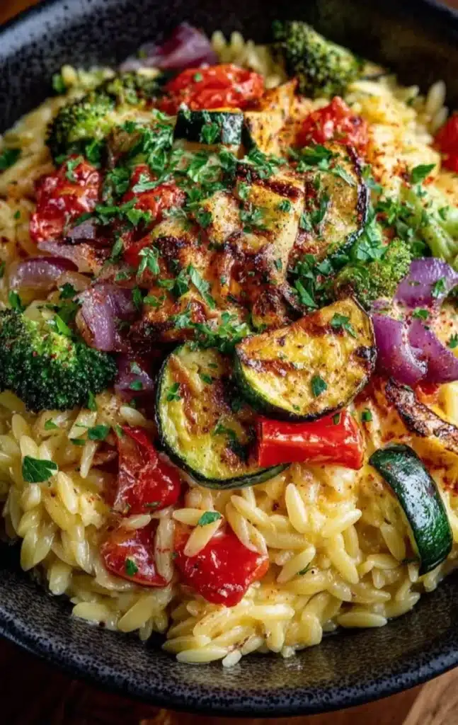 Creamy orzo with roasted vegetables on a plate garnished with herbs