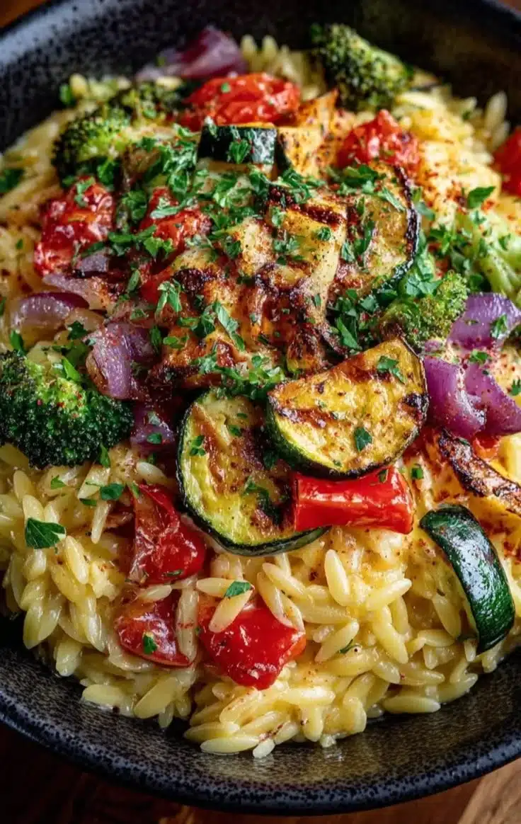Creamy orzo with roasted vegetables on a plate garnished with herbs