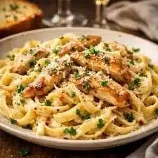 Creamy roasted garlic orzo dish garnished with herbs