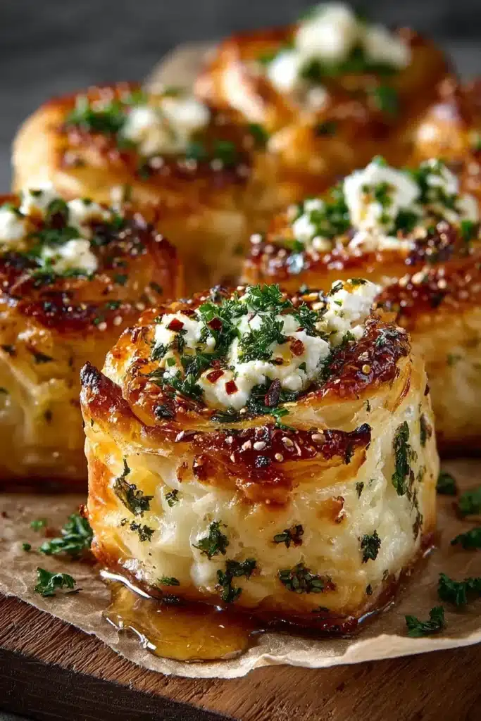 Crispy baked feta rolls drizzled with hot honey, served on a white plate.