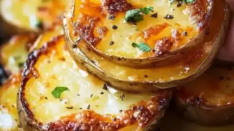 Crispy baked potato slices topped with cheese and bacon for a tasty snack