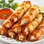 Delicious crispy chicken taquitos served with dipping sauces.