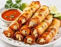 Delicious crispy chicken taquitos served with dipping sauces.