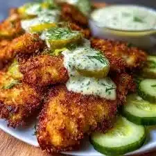 Crispy Dill Pickle Parmesan Chicken with a golden-brown crust