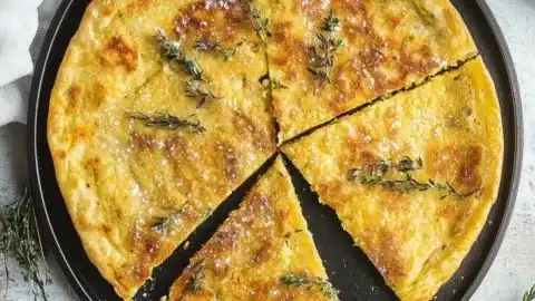 Crispy farinata socca served with herbs and dips on a plate