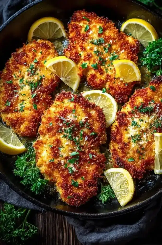 Crispy Parmesan chicken cutlets on a plate garnished with herbs