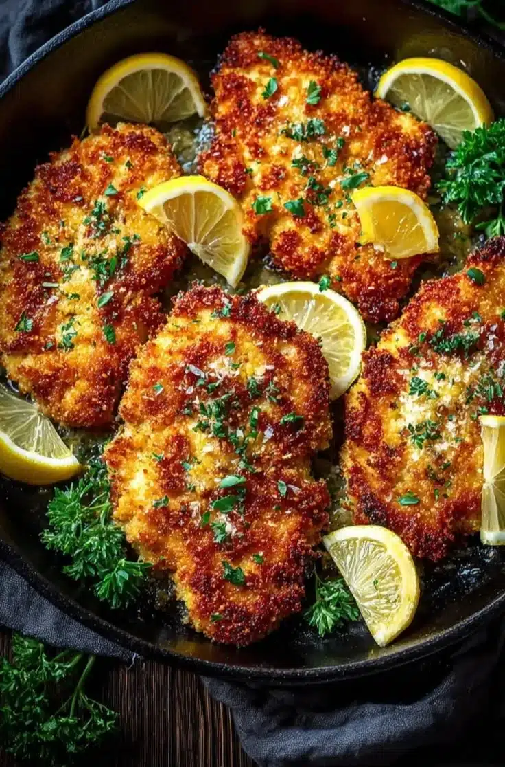 Crispy Parmesan chicken cutlets on a plate garnished with herbs