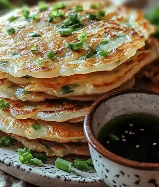 Crispy rice paper scallion pancakes served on a plate