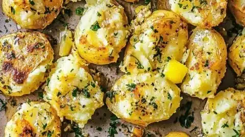 Delicious crispy smashed potatoes with garlic and lemon served on a plate.