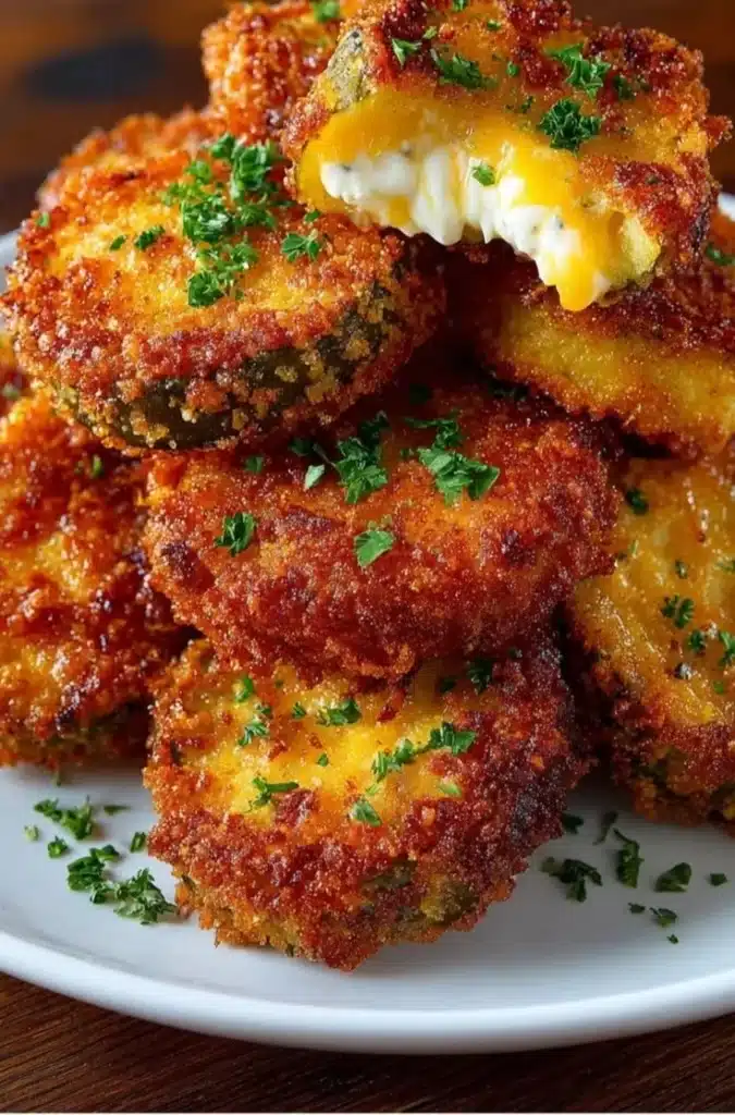 Crispy stuffed fried pickles served on a plate with a dipping sauce