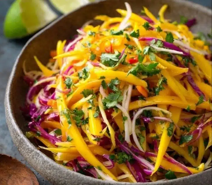 Bowl of vibrant and fresh mango slaw with colorful vegetables