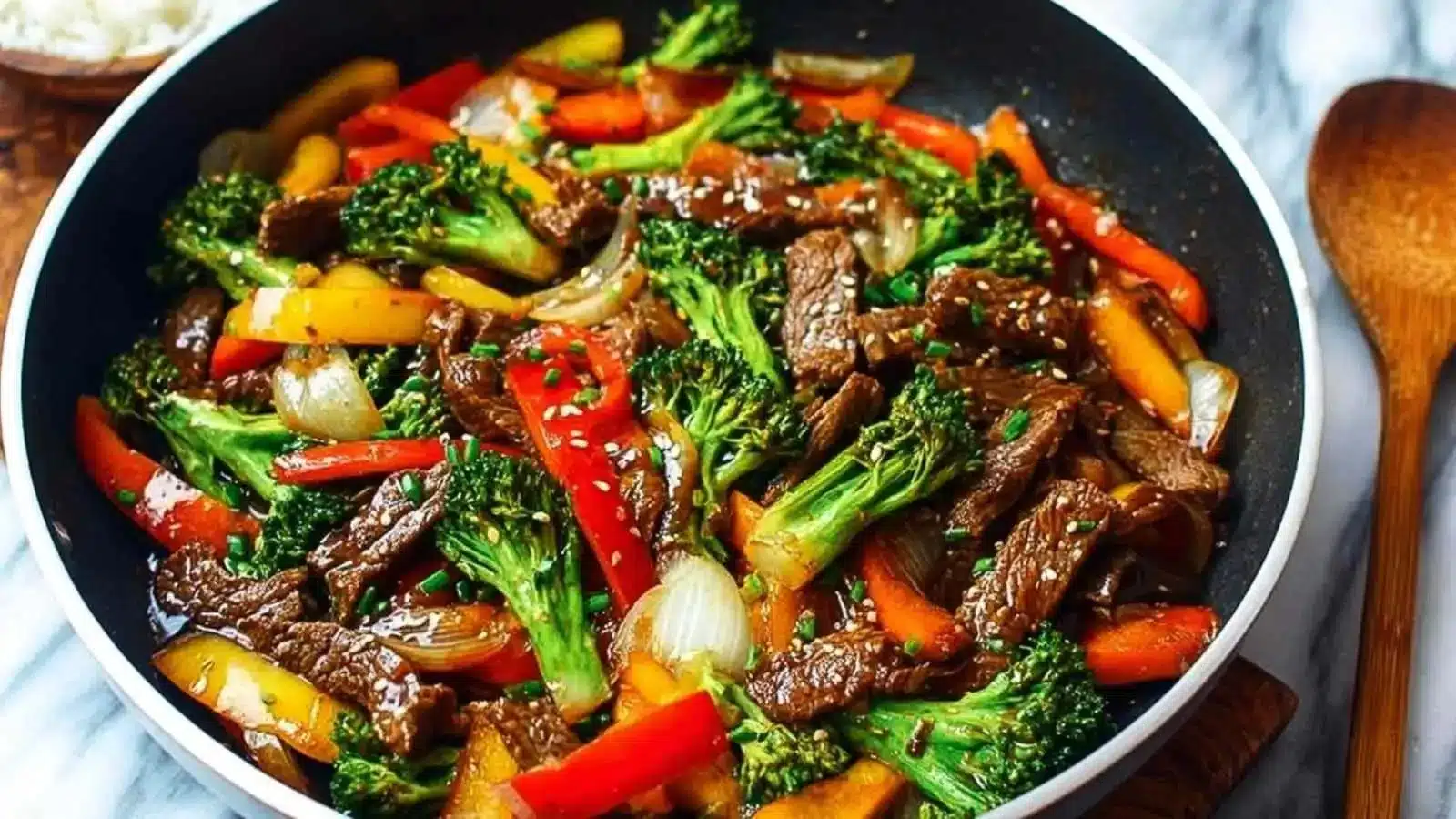 Delicious easy beef stir fry with colorful veggies in a pan