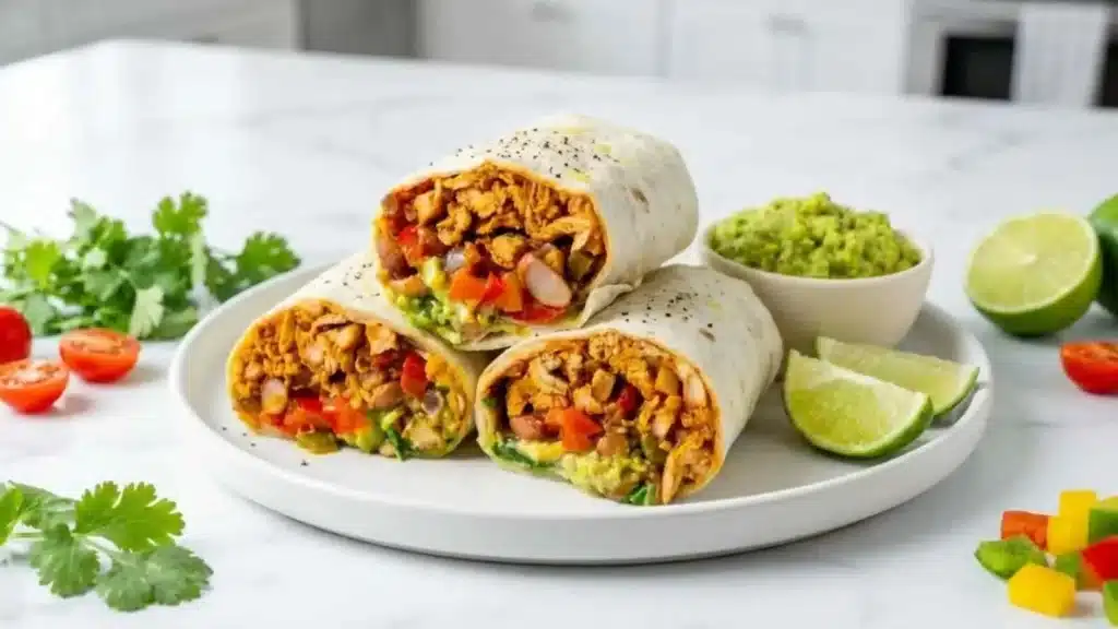 Delicious easy chicken burrito with toppings served on a plate
