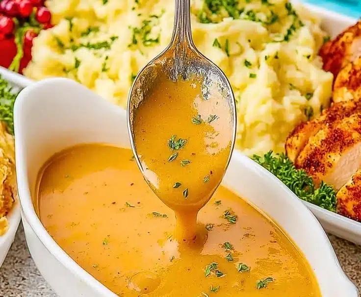 Delicious homemade easy chicken gravy served over rice.