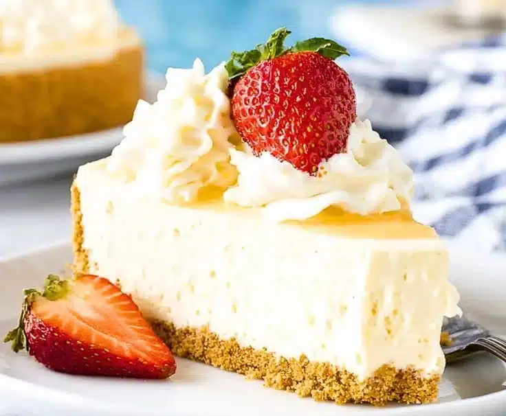 A delicious slice of easy no bake cheesecake topped with fresh berries