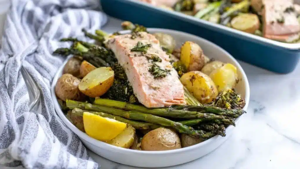 Delicious plate of easy salmon broccoli and potatoes recipe