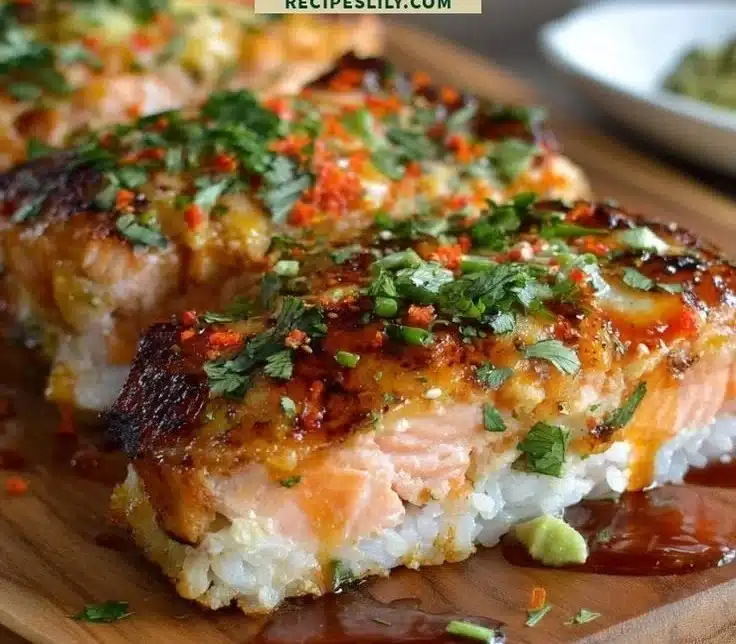 Delicious easy spicy salmon sushi rolls with fresh ingredients