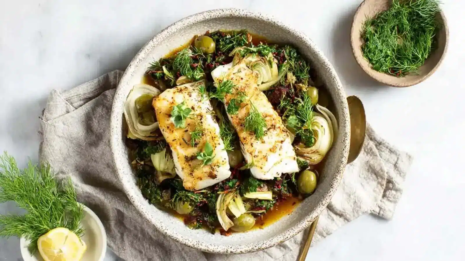 Fennel and Black Olive Fish dish garnished with fresh herbs
