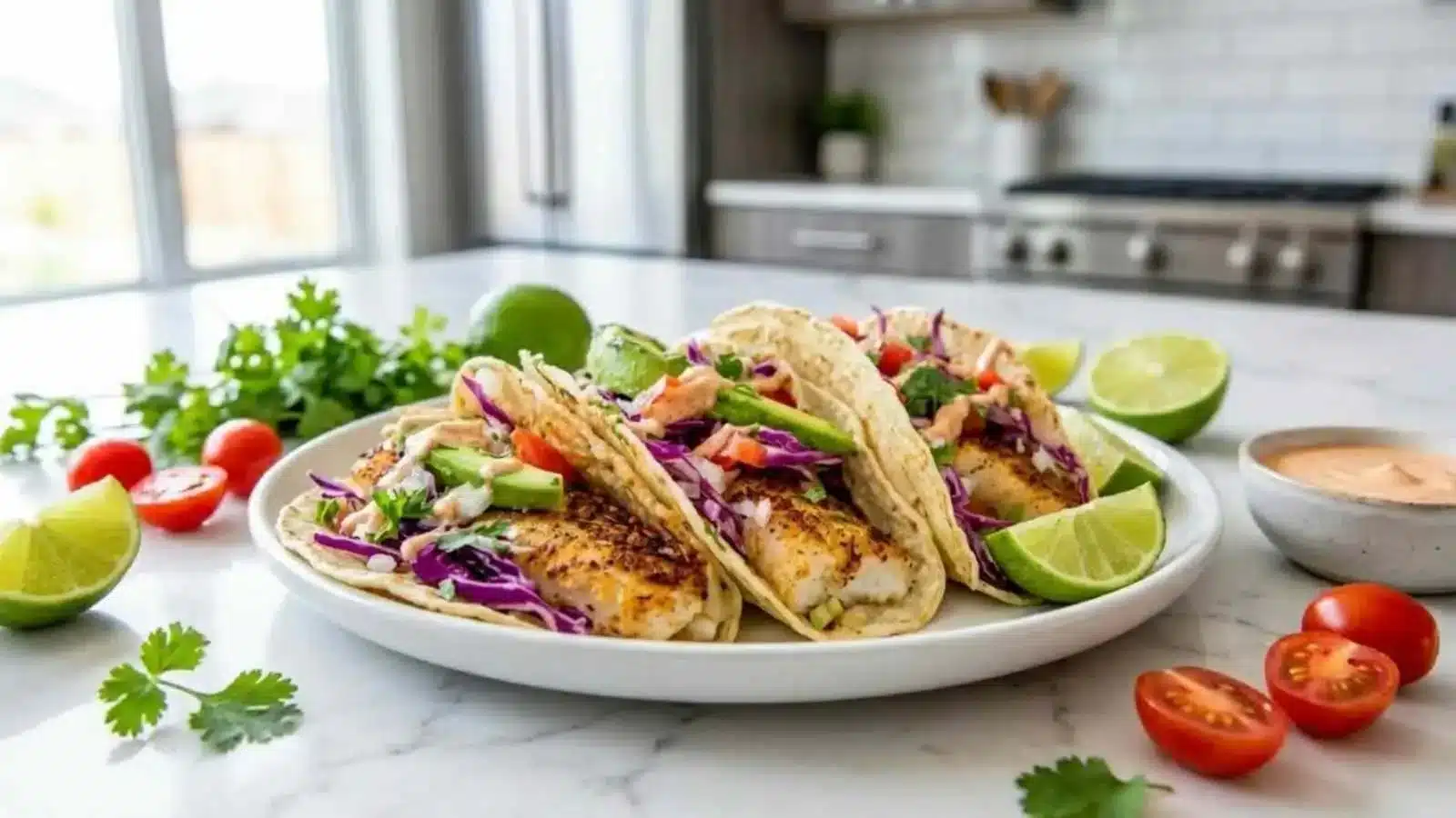 Delicious fish tacos topped with flavorful taco sauce