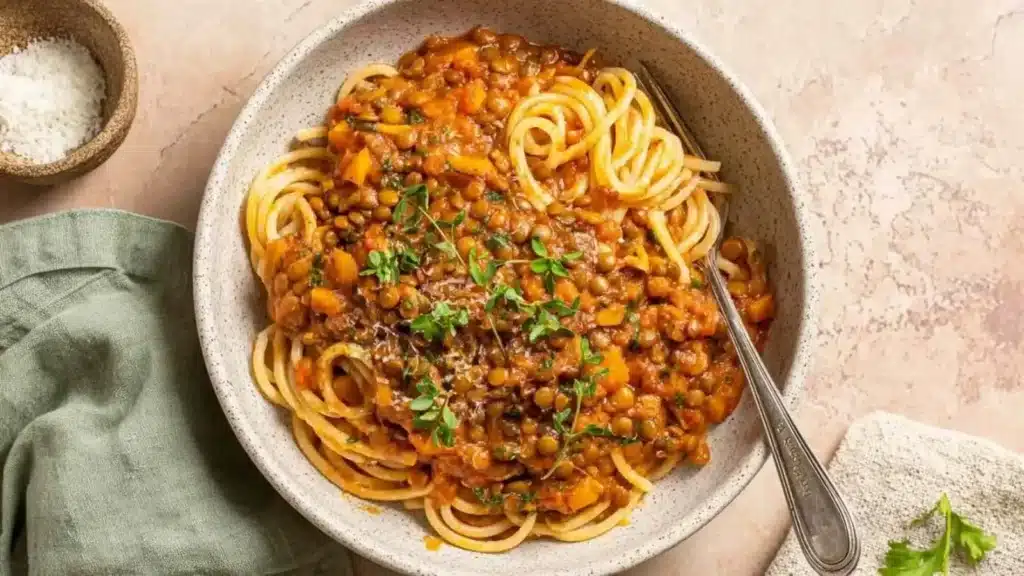 Delicious Five-a-Day Lentil Bolognese with vegetables and lentils