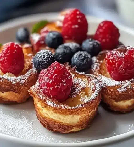 Delicious French Toast Cups served on a plate with syrup and berries