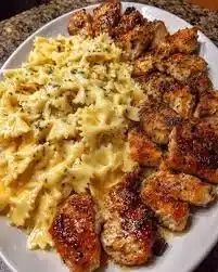 Delicious Garlic Butter Chicken Bowtie Pasta served in a bowl