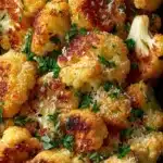 Delicious garlic parmesan roasted cauliflower recipe served in a bowl.