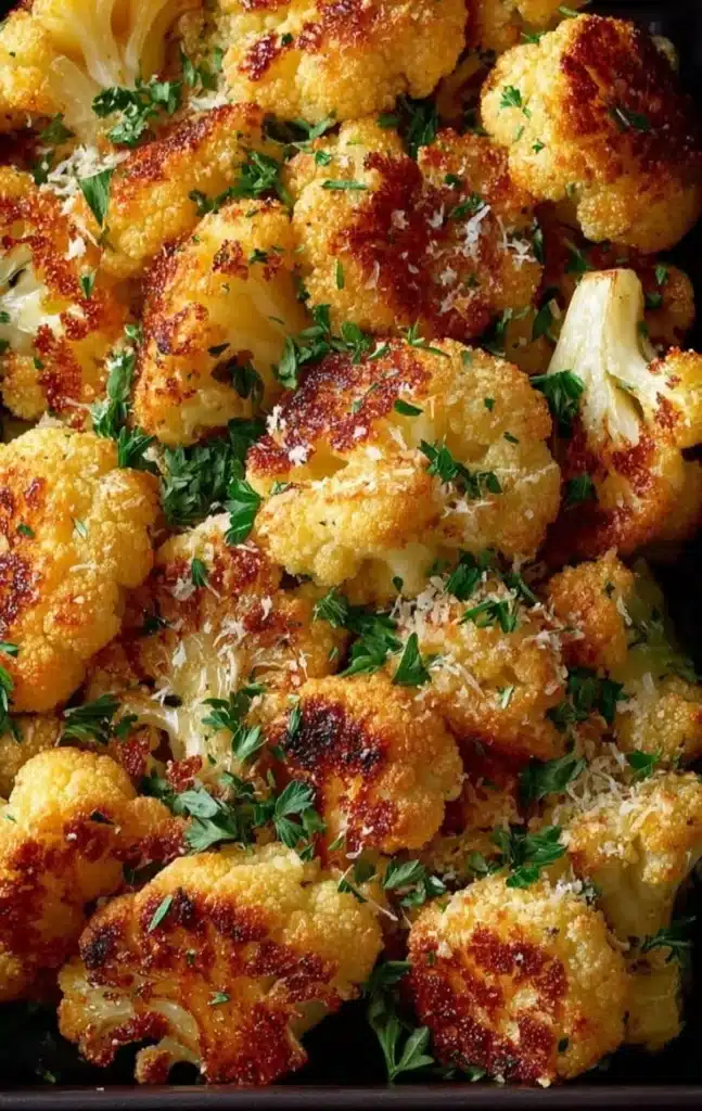 Delicious garlic parmesan roasted cauliflower recipe served in a bowl.