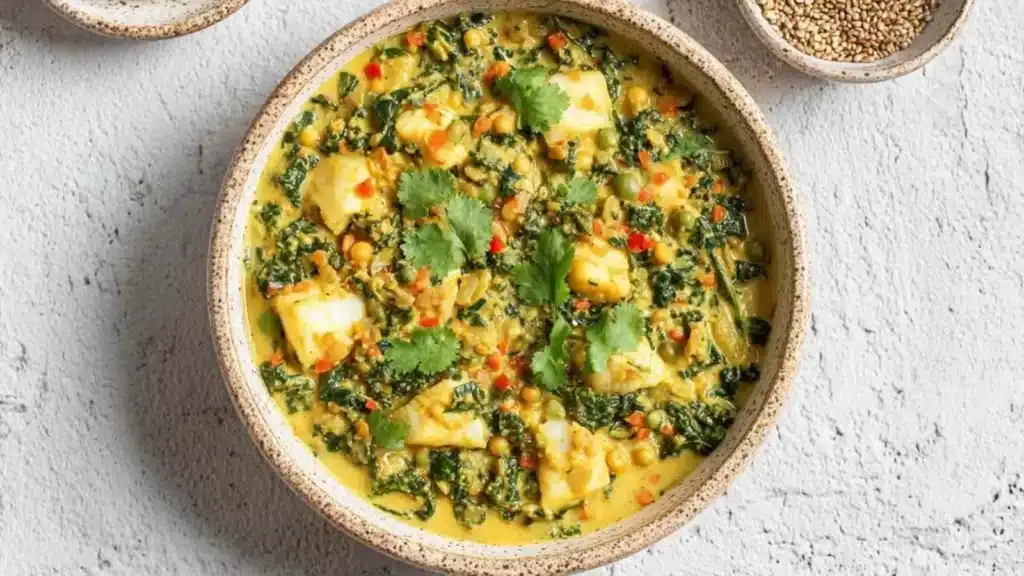 Delicious Goan-style fish curry served in a bowl with rice and lemon