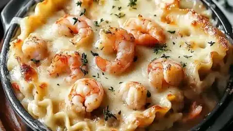 Delicious gourmet seafood lasagna with lobster and shrimp served in a dish