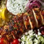 Greek Chicken Gyro bowl with creamy lemon feta sauce on a wooden table