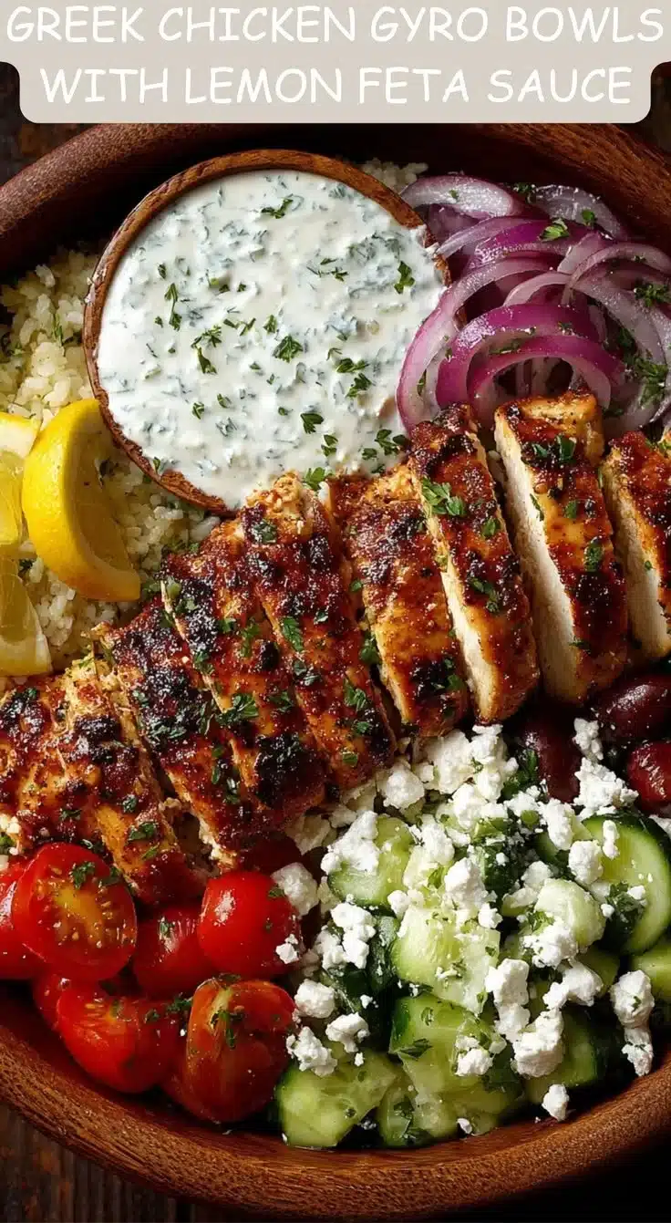 Greek Chicken Gyro bowl with creamy lemon feta sauce on a wooden table