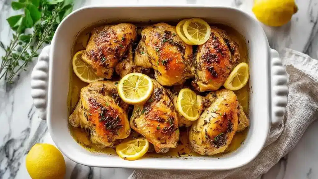 Delicious Greek lemon chicken garnished with herbs and lemon slices.