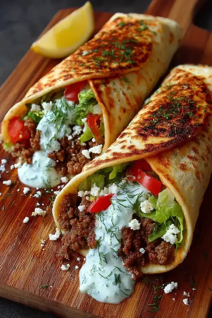 Greek-style beef wraps served with cucumber yogurt sauce on a plate