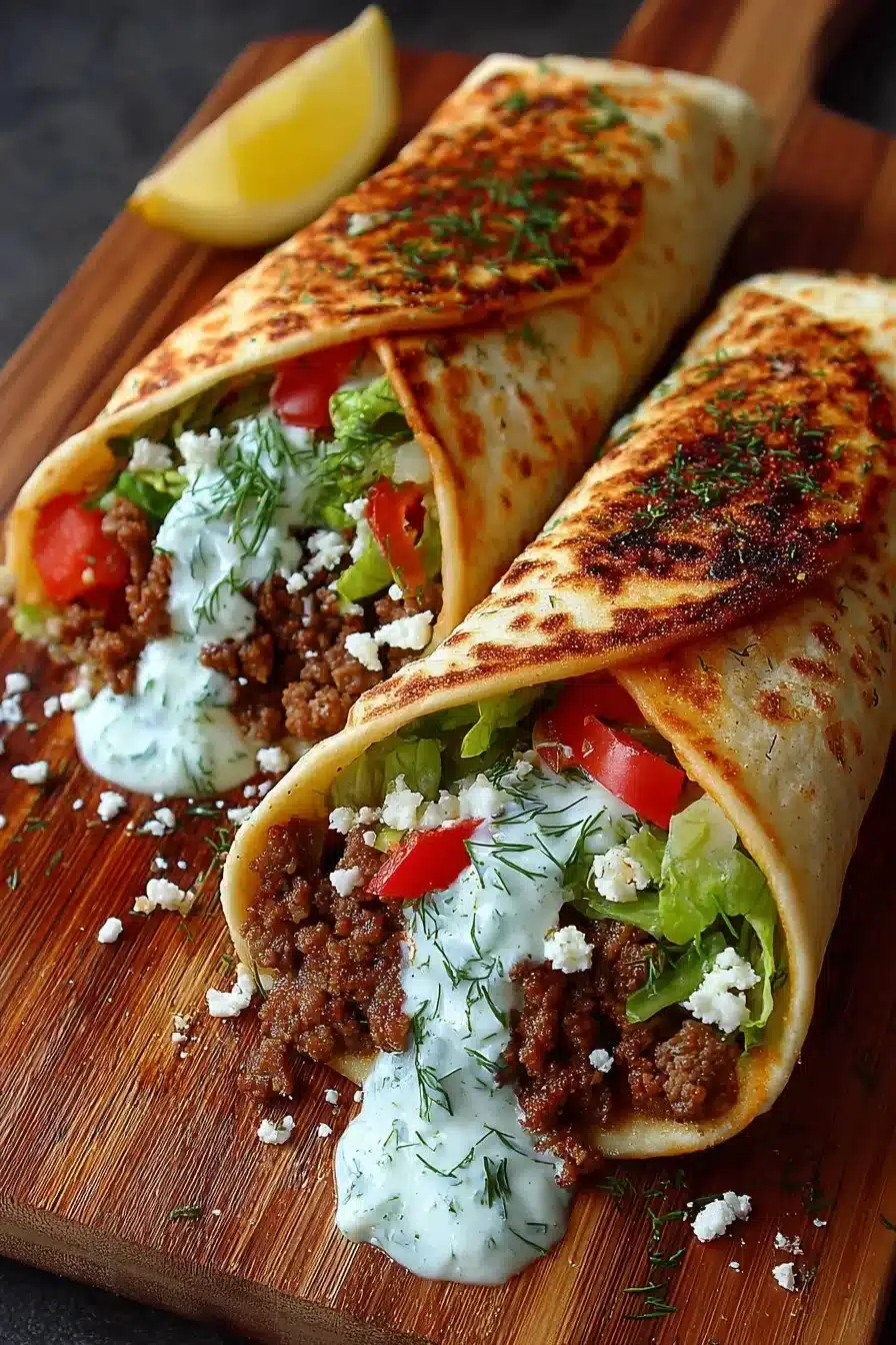 Greek-style beef wraps served with cucumber yogurt sauce on a plate