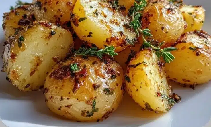 Crispy Greek-style lemon potatoes with garlic and oregano served on a plate.
